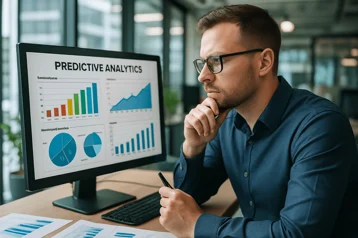 A marketing analyst meticulously examining predictive analytics data within a cuttingedge office environment