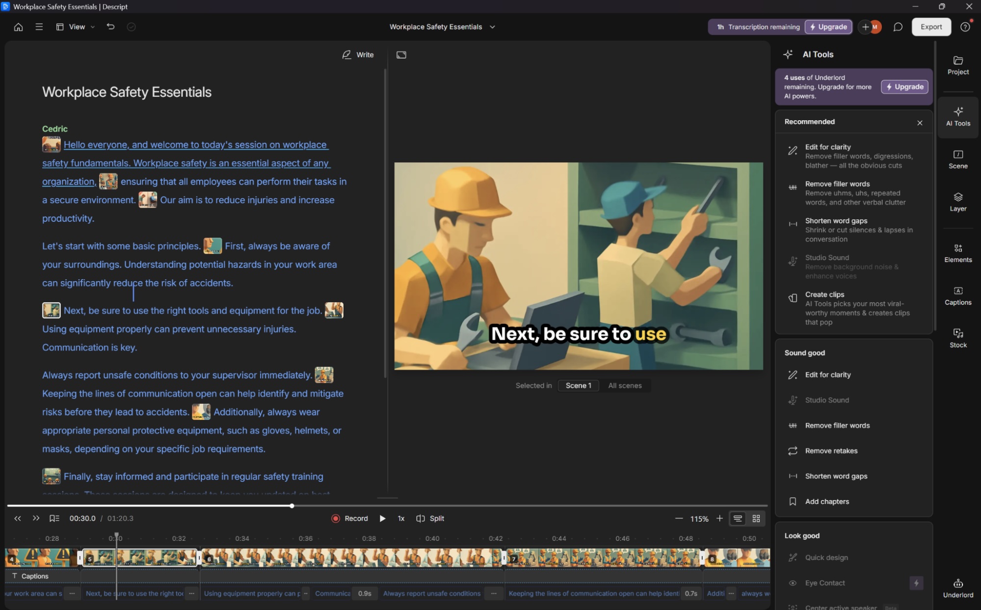 Descript, our pick for the best AI video generator for editing video by editing the script