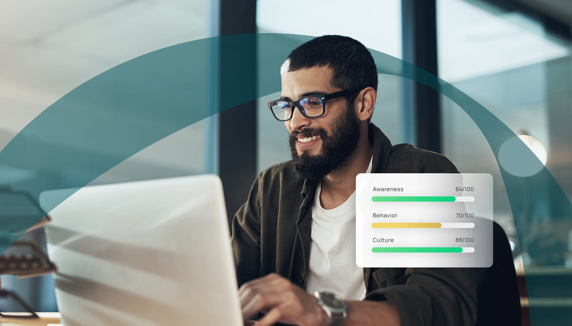 A man with glasses and a beard smiling while looking at a laptop, with an overlaid graphic showing progress bars for 'Awareness', 'Behavior', and 'Culture' with respective scores out of 100.