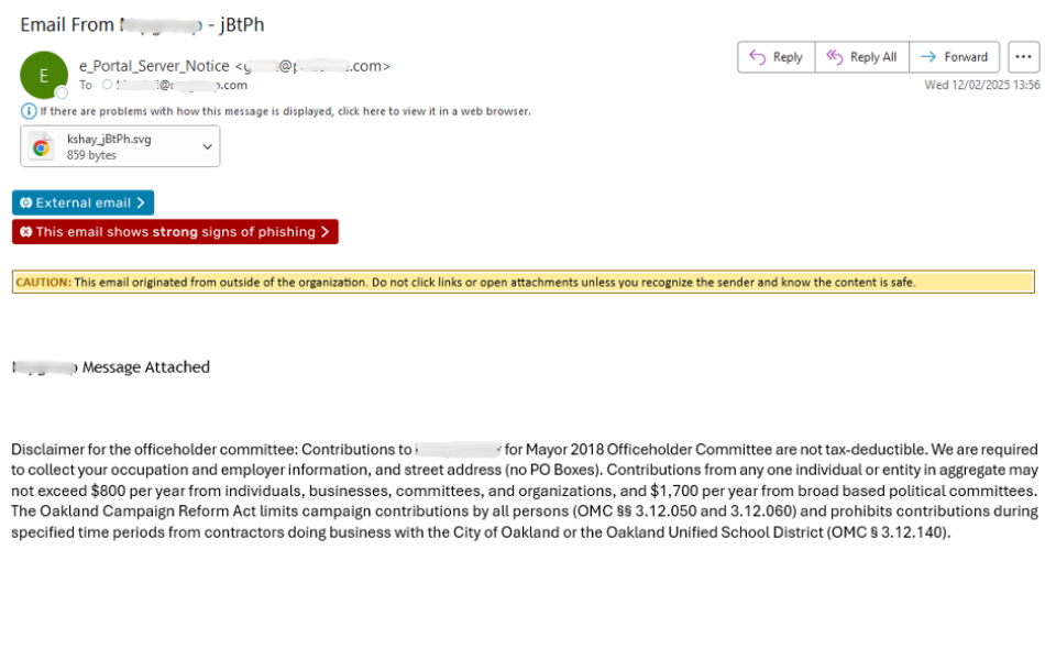 Phishing attack detected by KnowBe4 Defend with malicious SVG file attachment featuring polymorphic file name.