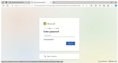 Credential harvesting website designed to steal Microsoft logins, with target’s email address prefilled.