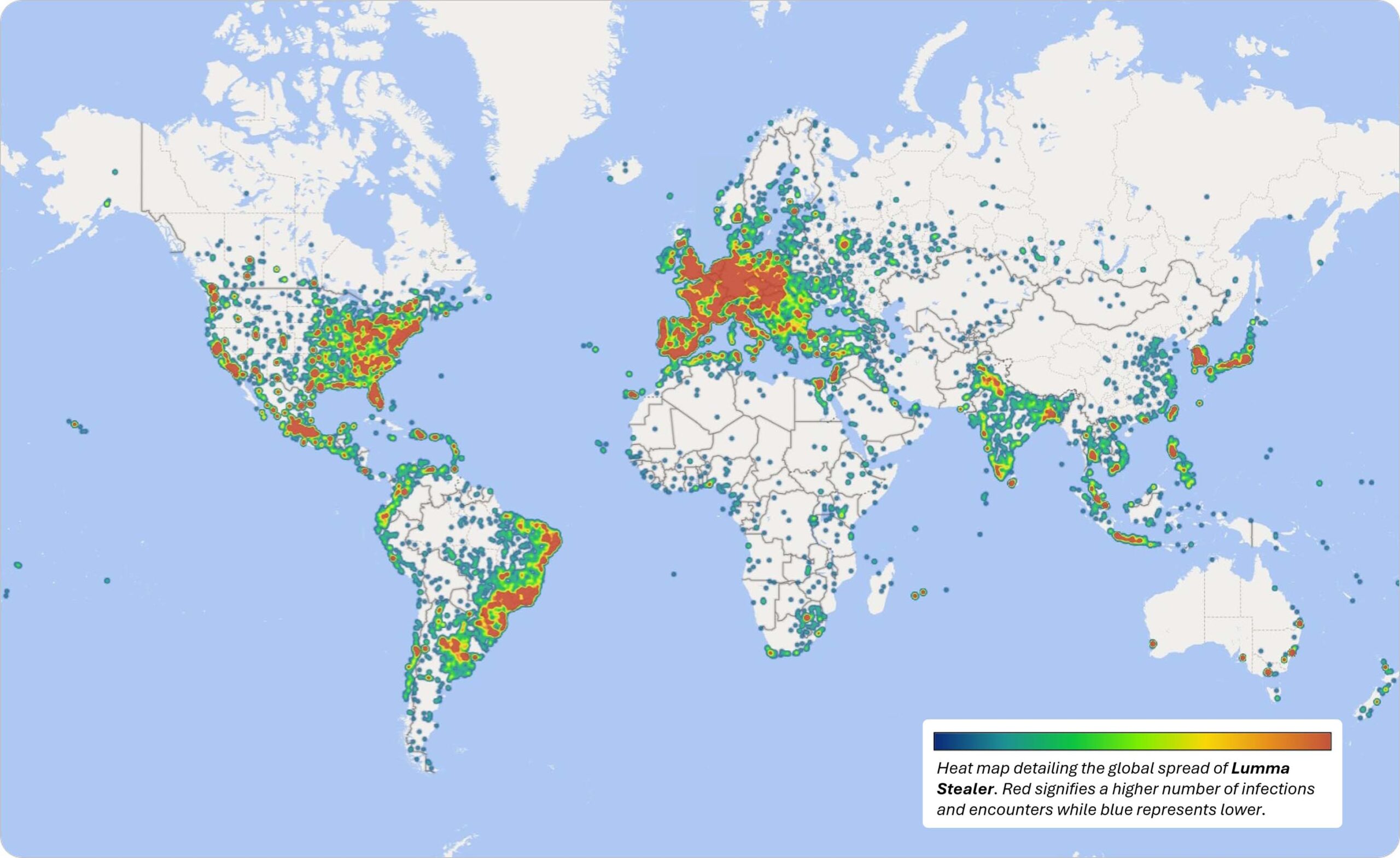 Heat map detailing global spread of Lumma Stealer malware infections and encounters across Windows devices.
