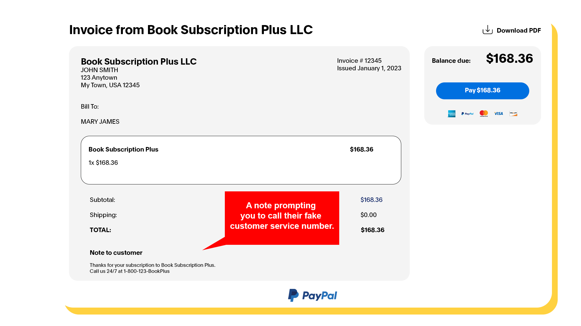 image of an invoice containing an alarmist note