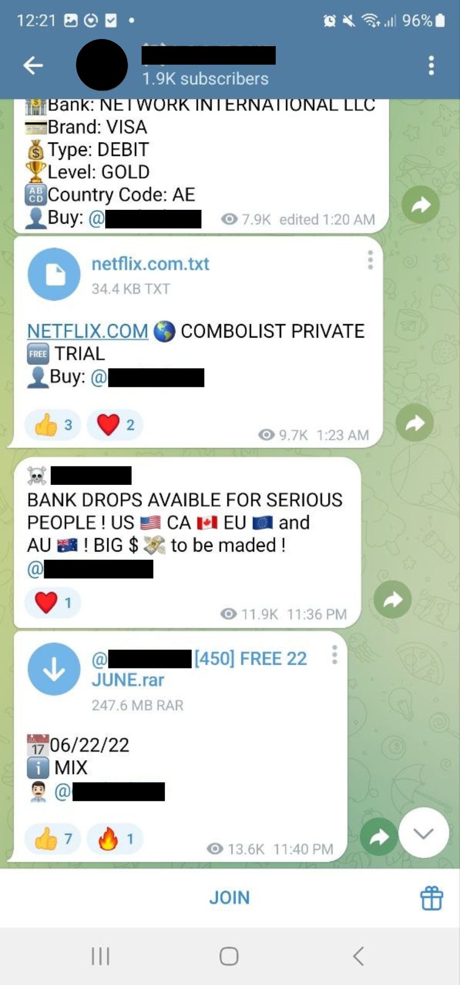 A Telegram channel advertising 