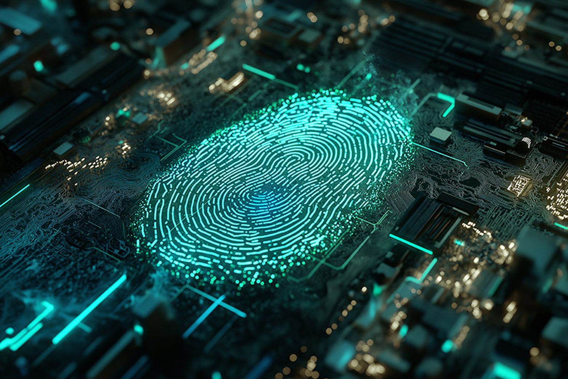 A vibrant teal fingerprint, rendered in luminous digital particles, is seamlessly integrated into a complex circuit board.