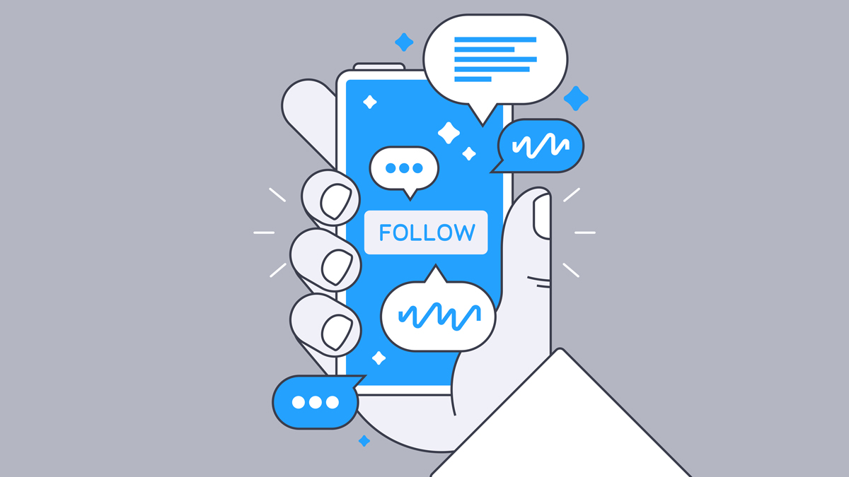 Social media follow subscribe notification message on a mobile phone held by a person.
