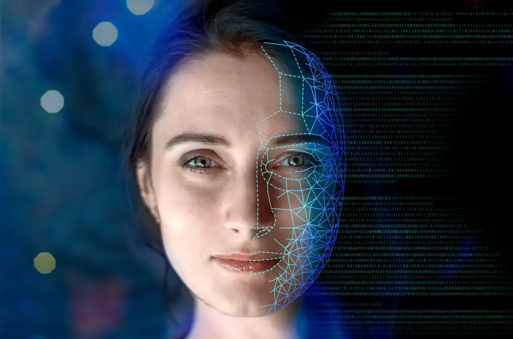 Portrait of a woman symbolically turning into virtual human, virtual character, or digital clone, using computer-generated from the real persona. AI artificial intelligence.