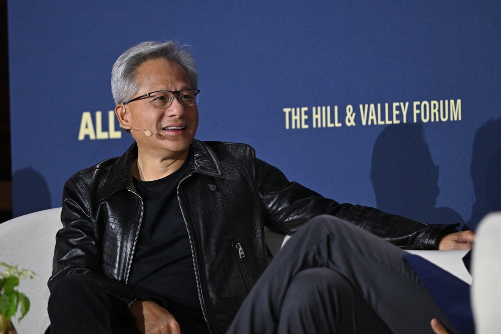 Nvidia CEO Jensen Huang speaks onstage at the All-In podcast last week. Photo by Roy Rochlin/Getty Images for Hill & Valley Forum