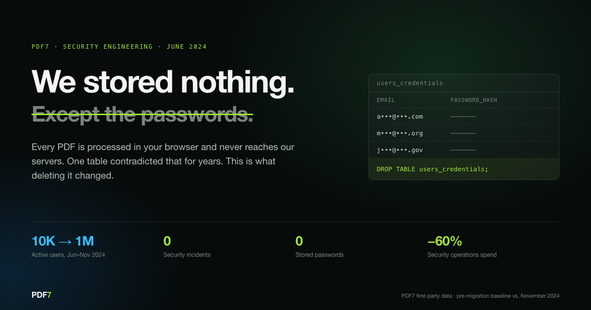 The Password Database Was the Only Thing We Stored: PDF7's Case for Zero-Storage Authentication