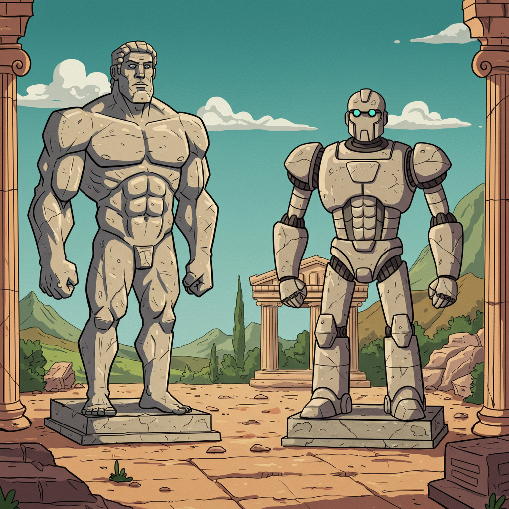 gen AI image of two greek statues, one human the other robot