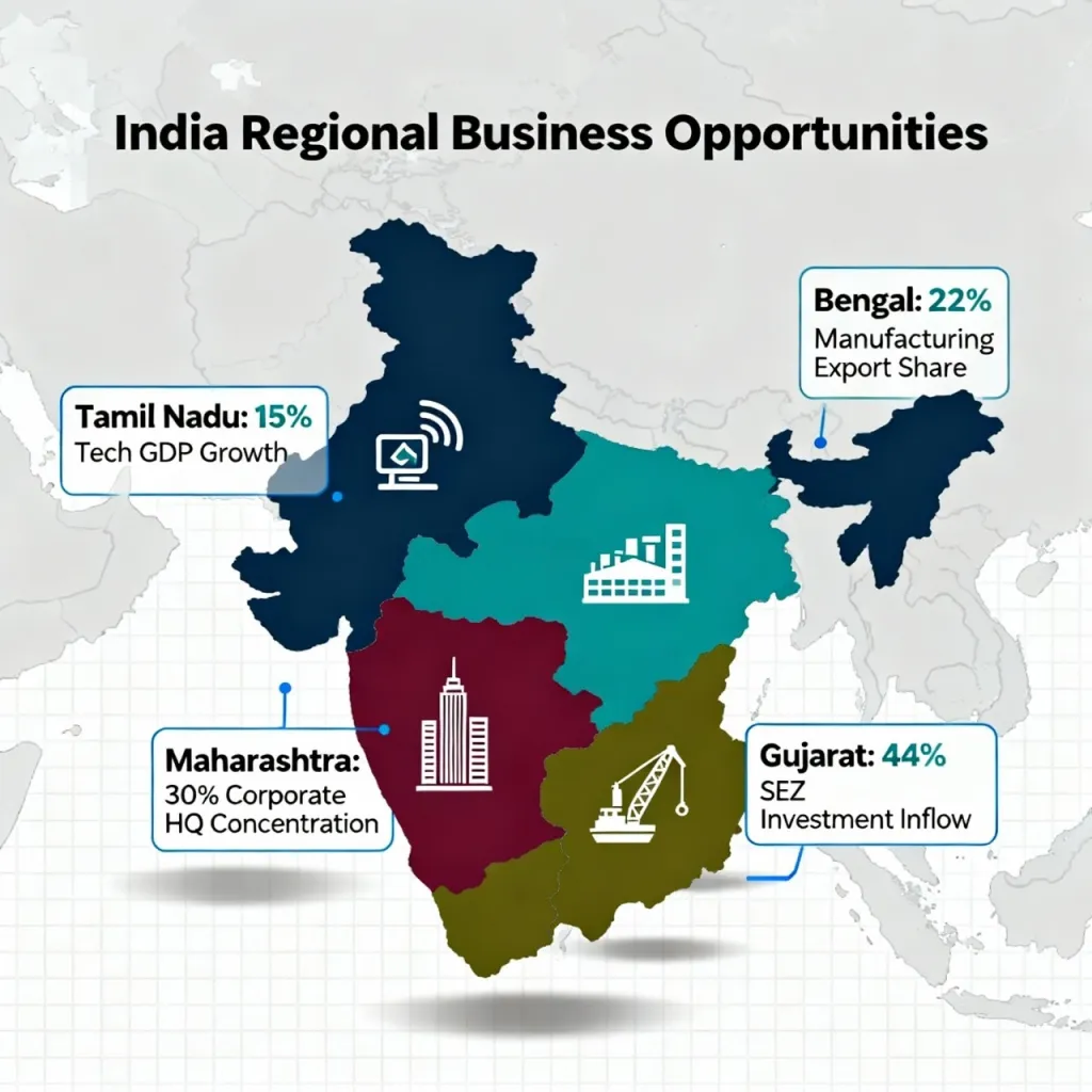 A map of India highlighting regional business opportunities, with statistics for Tamil Nadu, Bengal, Maharashtra, and Gujarat.