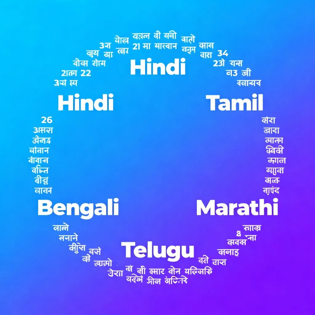 A colorful graphic showcasing various Indian languages including Hindi, Bengali, Tamil, Marathi, and Telugu, with text elements circling around a vibrant blue background.