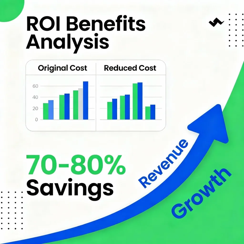 Infographic showing ROI benefits analysis with graphs depicting original and reduced costs, highlighting 70-80% savings and revenue growth.