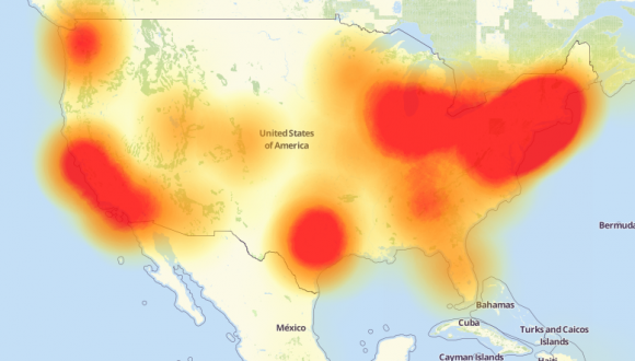 A depiction of the outages caused by the Mirai botnet attacks against the internet infrastructure firm Dyn on October 21, 2016