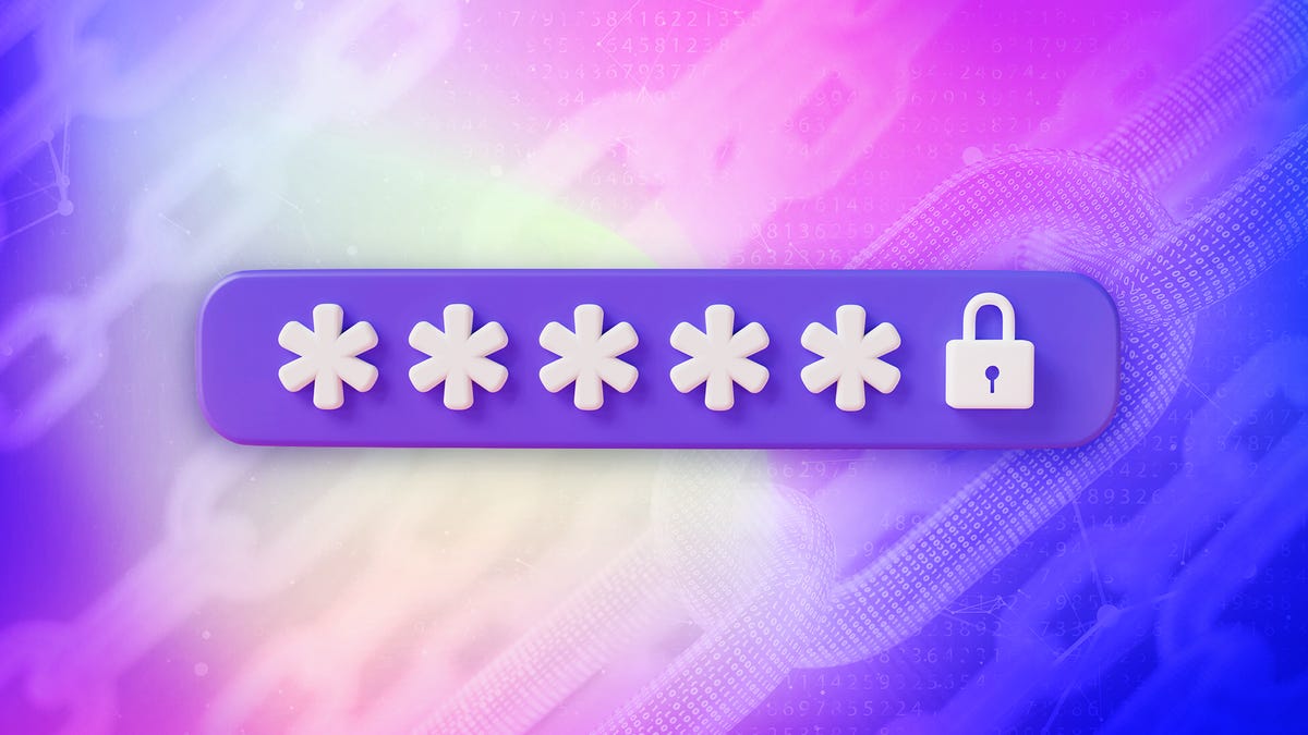 Illustration of asterisks and a padlock in a purple password bar against a multicolored background