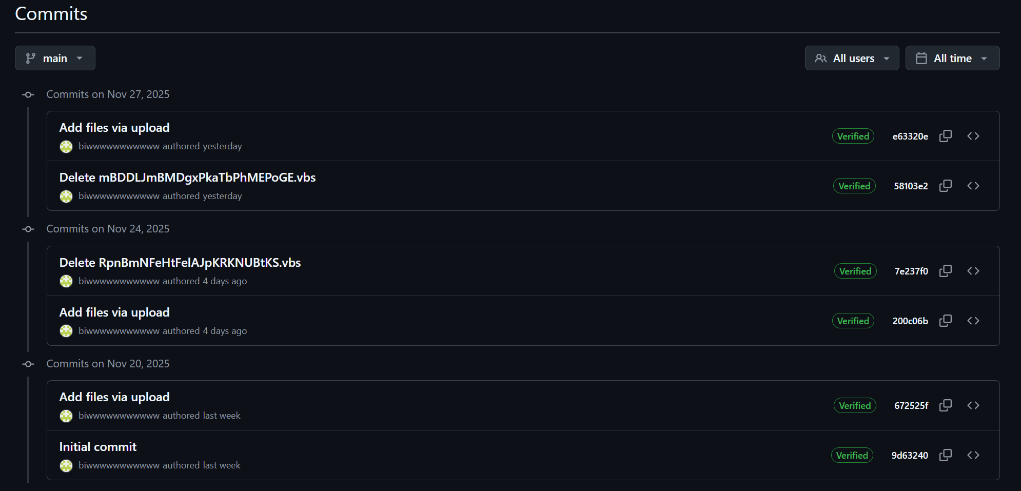 Figure 02: Commit history showing payload rotation activity on the malicious repository