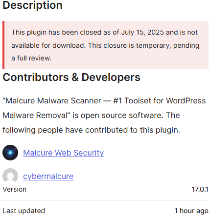 Malcure Plugin At WordPress Repository