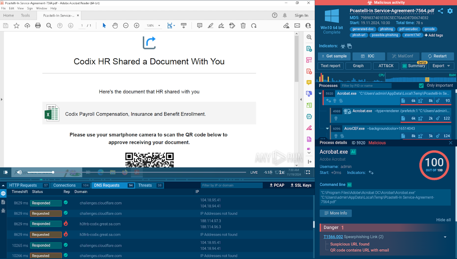 Phishing PDF with malicious QR code opened in the ANY.RUN sandbox