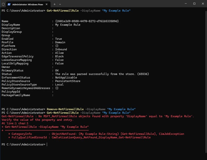 screenshot showing how to delete a firewall rule