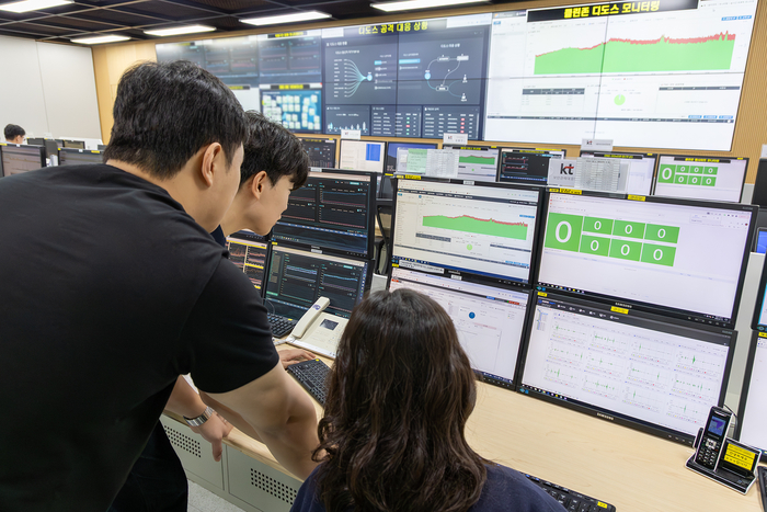 KT employees are monitoring the status of information security at the KT Network Control Center in Gwacheon, Gyeonggi-do. <KT>