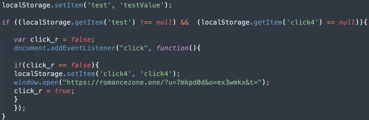 JavaScript snippet designed to perform conditional redirection to a scam website