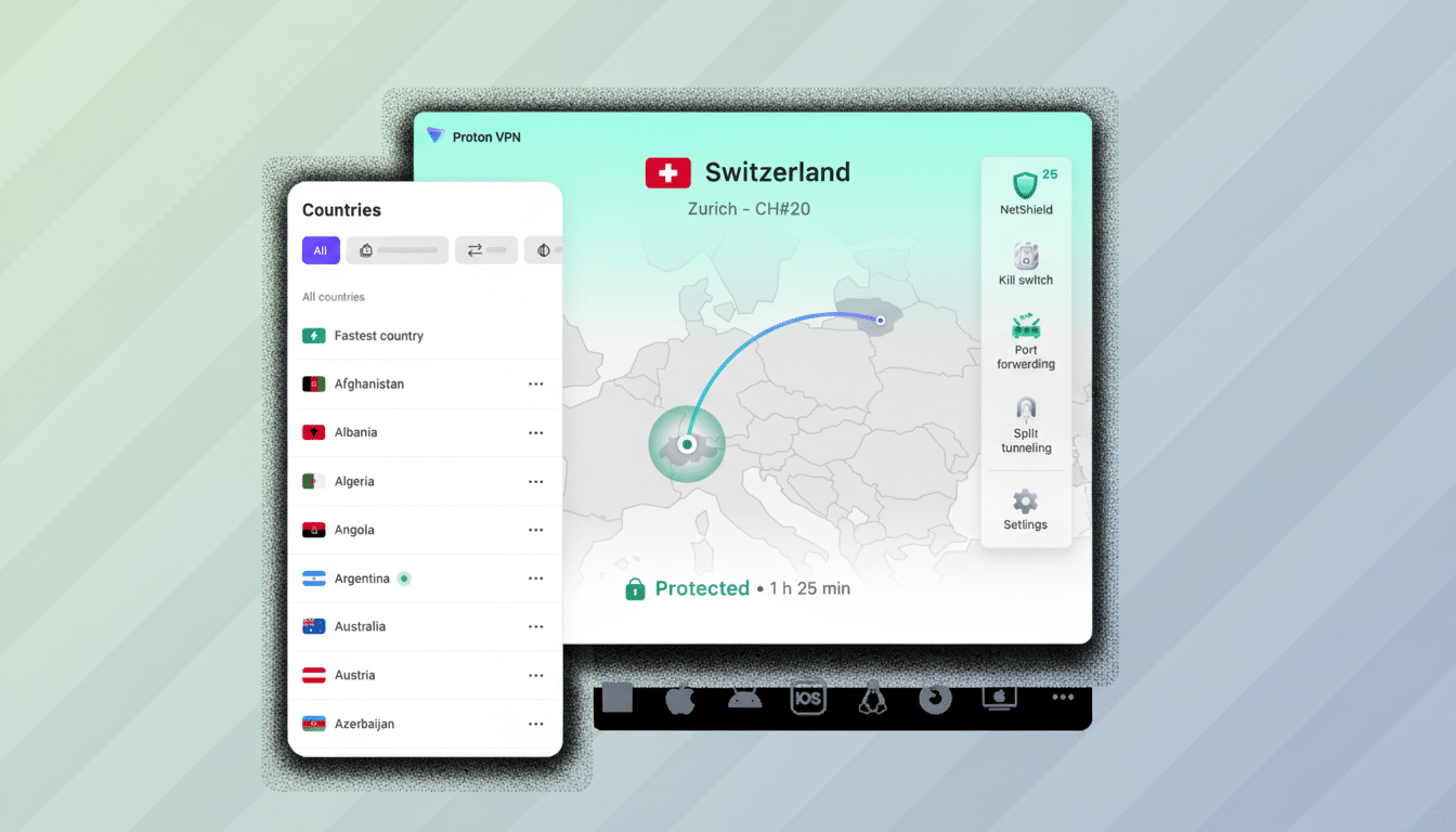 Ein Screenshot der Benutzeroberfläche einer VPN-Anwendung, der eine Karte von Europa mit einer über die Schweiz geleiteten Verbindung zeigt