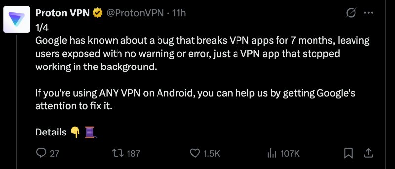 VPN Android 16 Bug Social Media Post