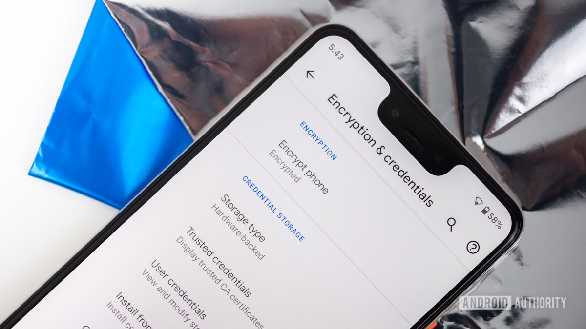 Phone showing encryption settings