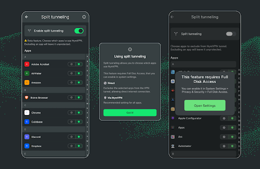 Интерфейс раздельного туннелирования в двух приложениях NymVPN