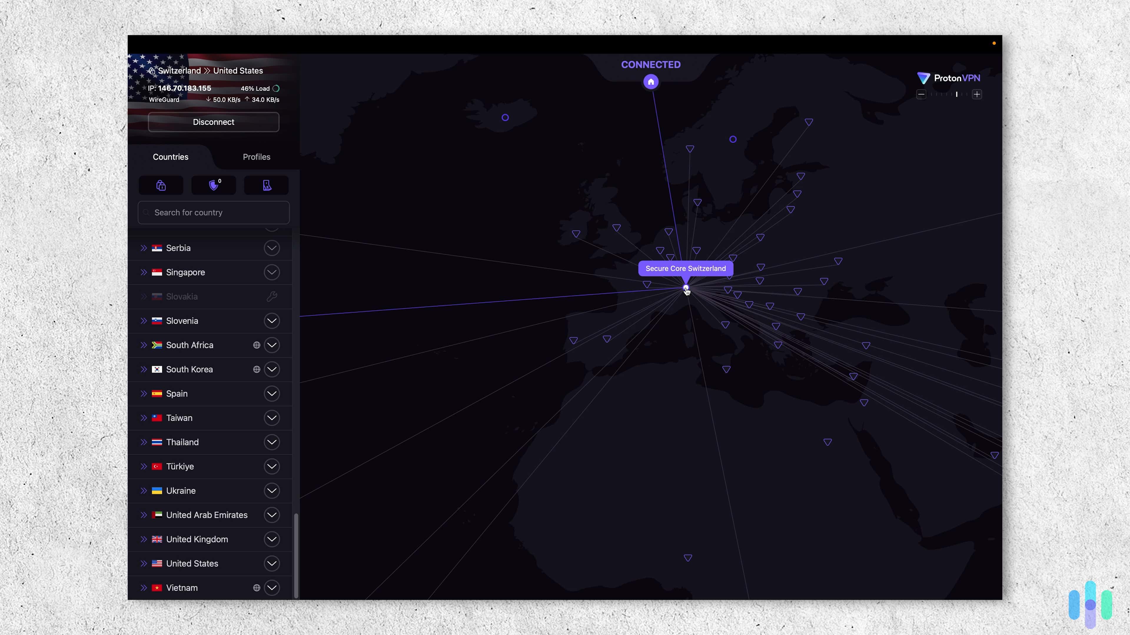 Proton VPN Secure Core connection via Switzerland