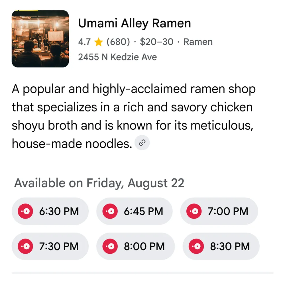 AI Mode will display a list of relevant restaurants with booking times.
