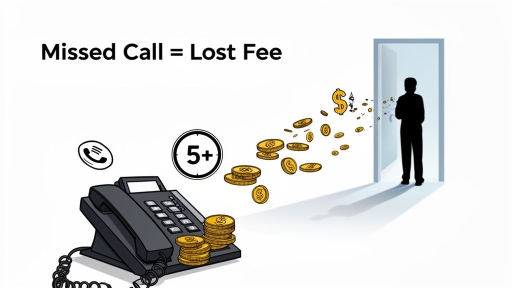 Illustration of a phone and money flowing away towards a leaving person, signifying lost fees from missed calls.