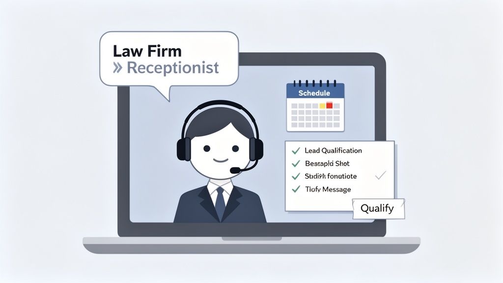 A laptop displaying a virtual receptionist character, schedule, and lead qualification checklist for a law firm.
