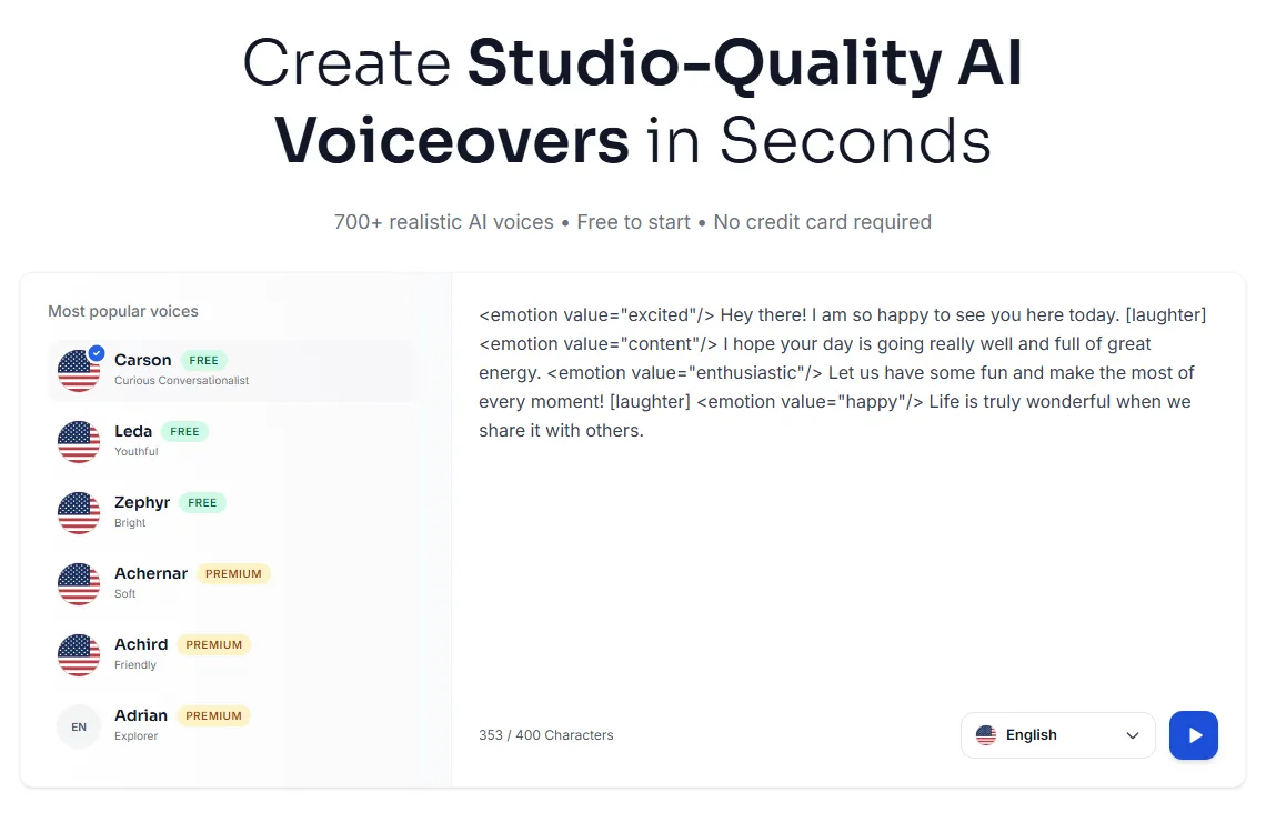 The Kveeky voice generator showing a voice library labelled with 700+ realistic AI voices, free and premium voice options, and a script that uses emotion tags.
