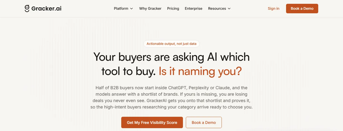 GrackerAI homepage showing AI visibility monitoring for B2B SaaS and cybersecurity brands