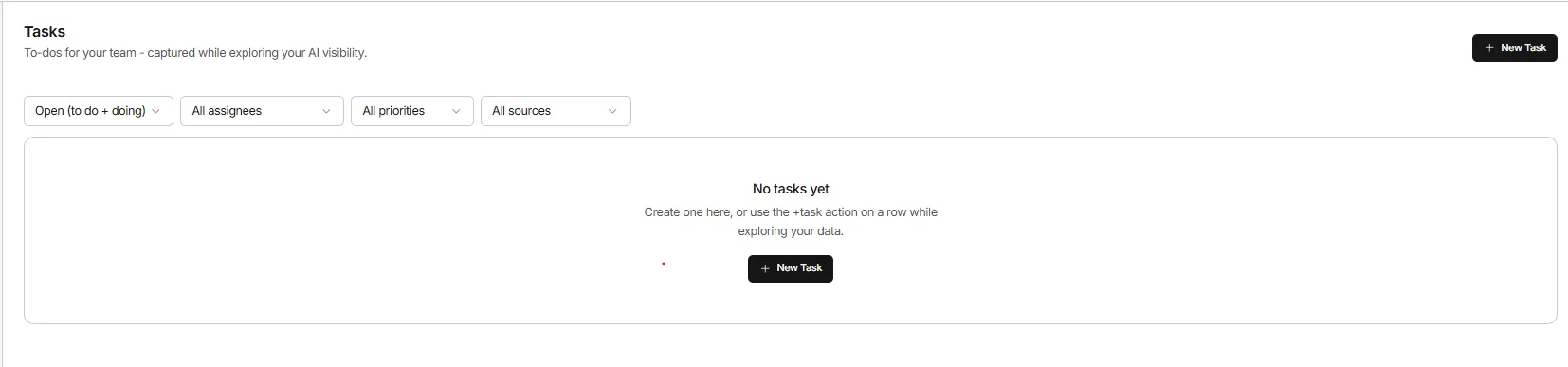 GrackerAI Tasks board showing AI visibility findings assigned with owners and due dates