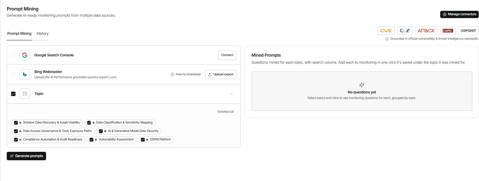GrackerAI Prompt Mining showing buyer questions grouped by topic with estimated search volume