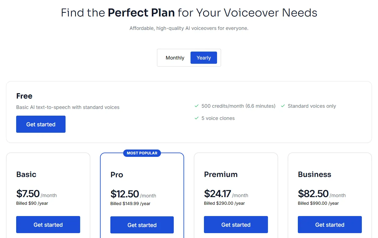 The Kveeky pricing page showing the Free plan and the yearly prices for the Basic, Pro, Premium and Business plans.